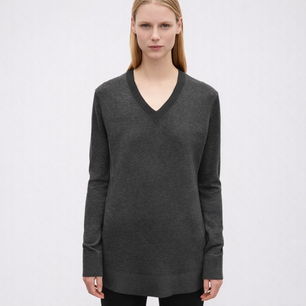 COS Gray Silk Blend V-Neck Knit Tunic Sweater | XS | NWT